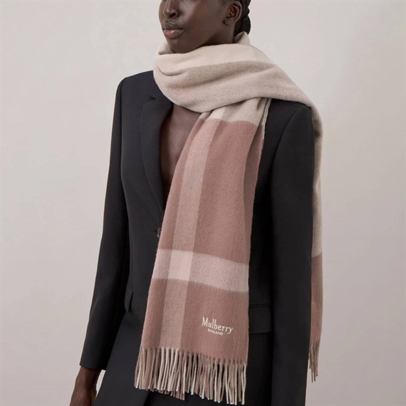 Mulberry Large Check Merino Wool Scarf Autumnn Rose & Powder Rose 